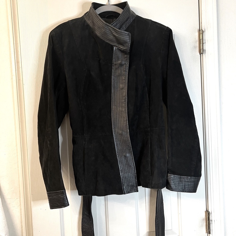 Ashley Stewart‎ 100% Suede Jacket Plus Size 1X Leather Trim Belted Wrap Coat